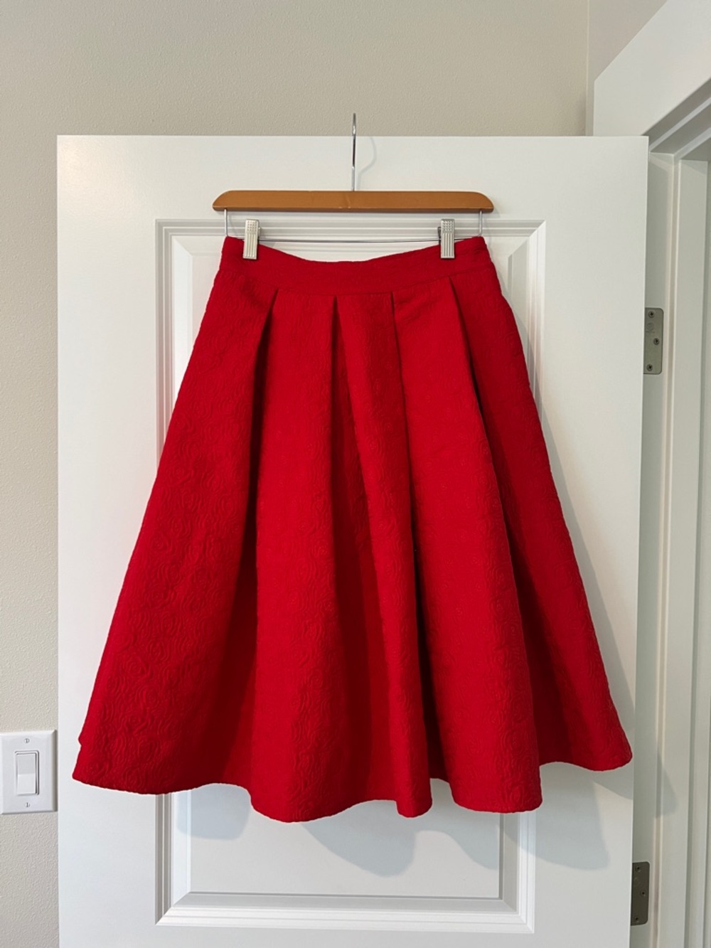 Classic Red A-Line Midi Skirt with Floral Texture